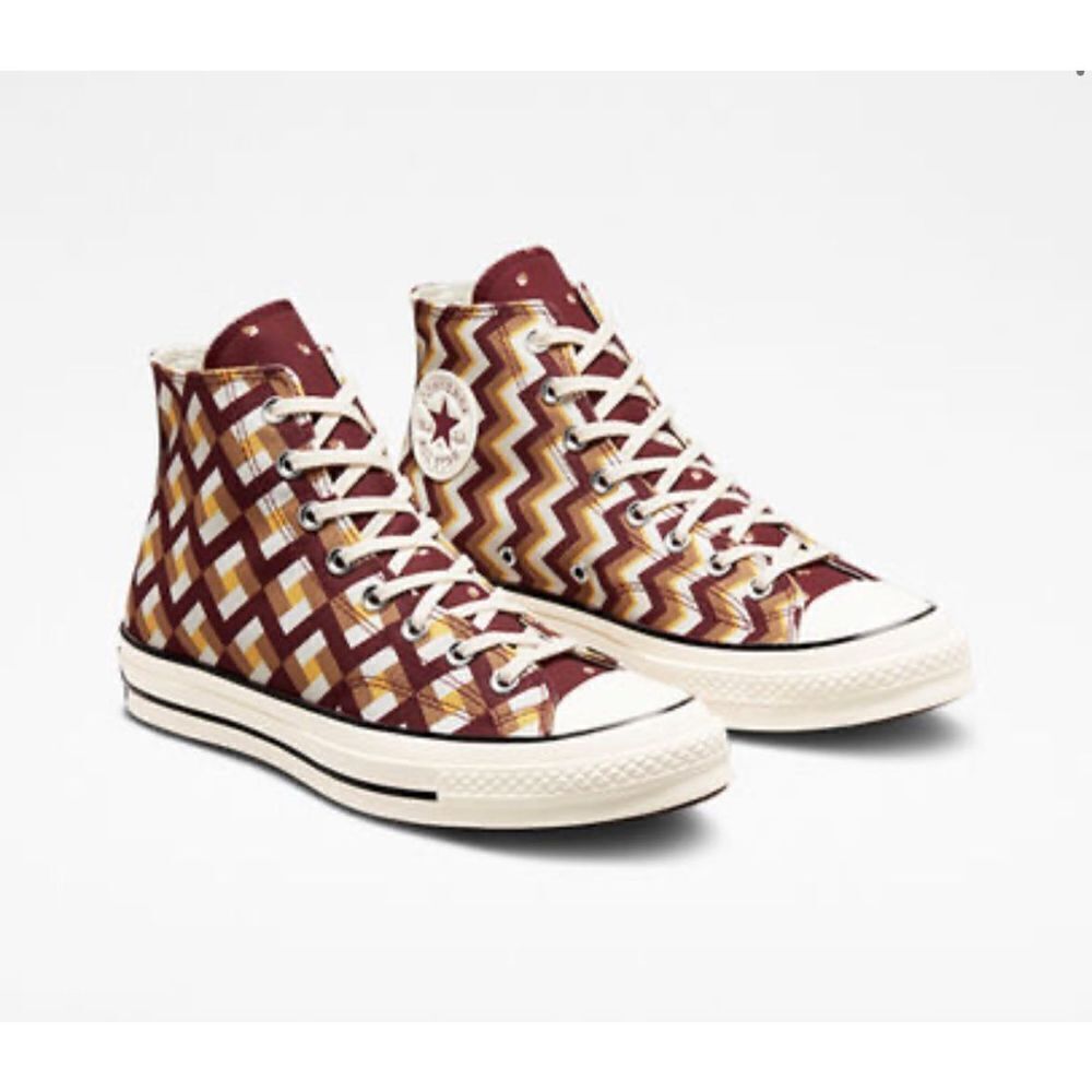 Converse High Top Sneakers in Burgundy, Mustard & Cream Zigzag
